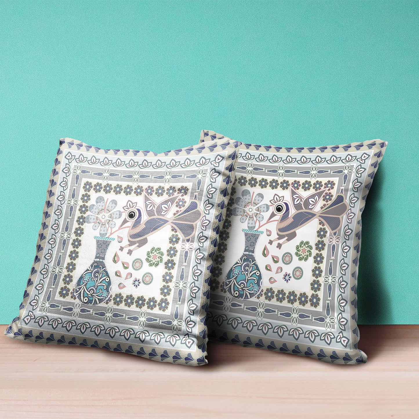 18" X 18" Blue and Gray Peacock Broadcloth Floral Zippered Pillow