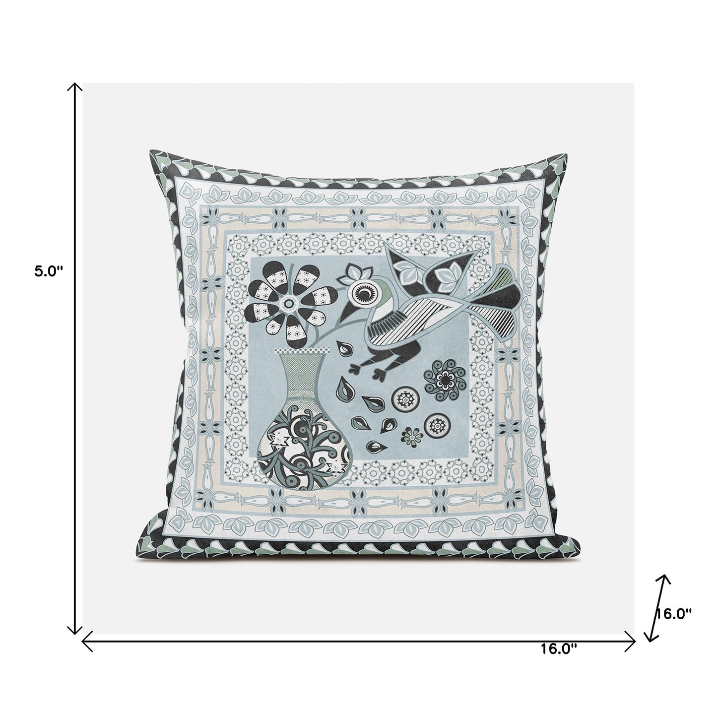 16" X 16" Blue and Black Peacock Broadcloth Floral Zippered Pillow