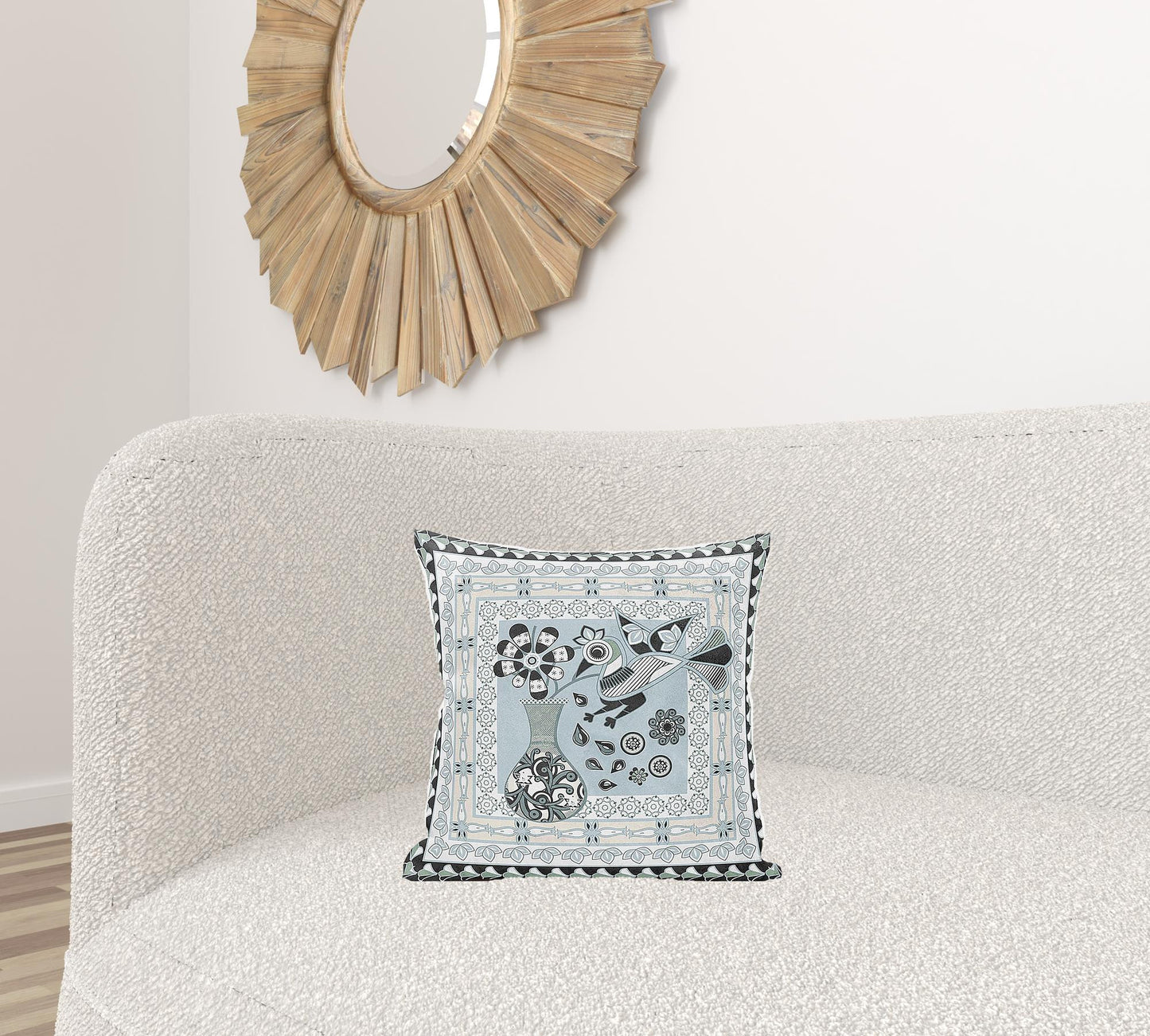 16" X 16" Blue and Black Peacock Broadcloth Floral Zippered Pillow