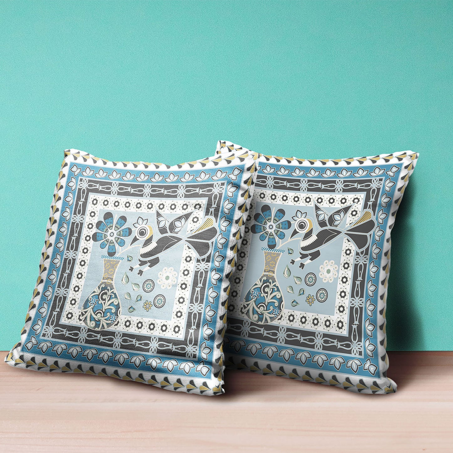 20" X 20" Blue and Black Peacock Broadcloth Floral Zippered Pillow