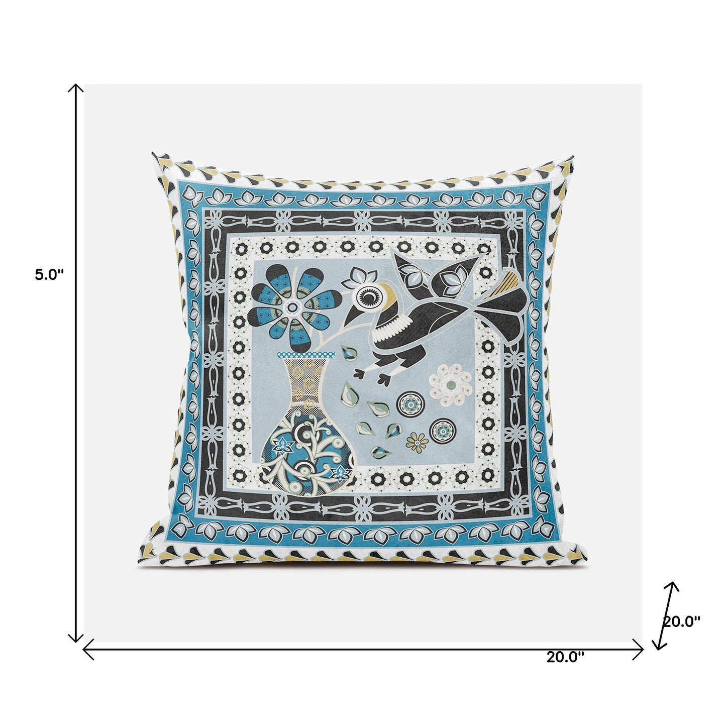20" X 20" Blue and Black Peacock Broadcloth Floral Zippered Pillow