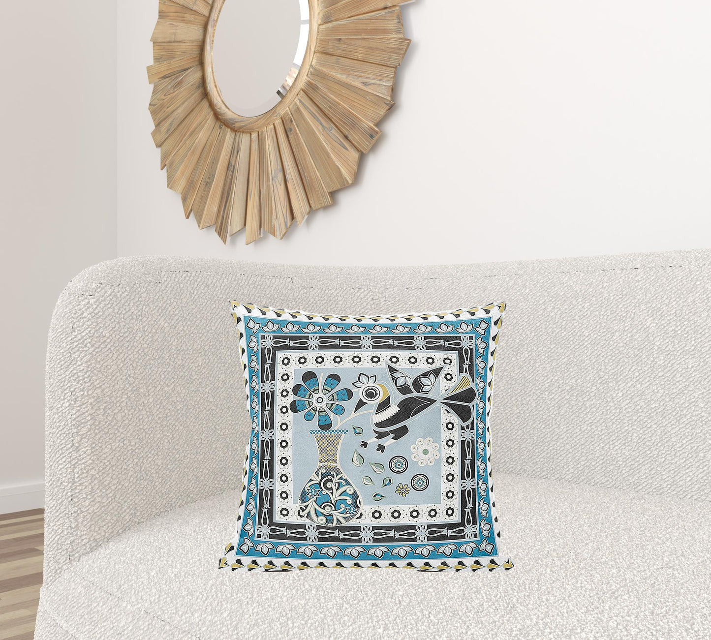 20" X 20" Blue and Black Peacock Broadcloth Floral Zippered Pillow
