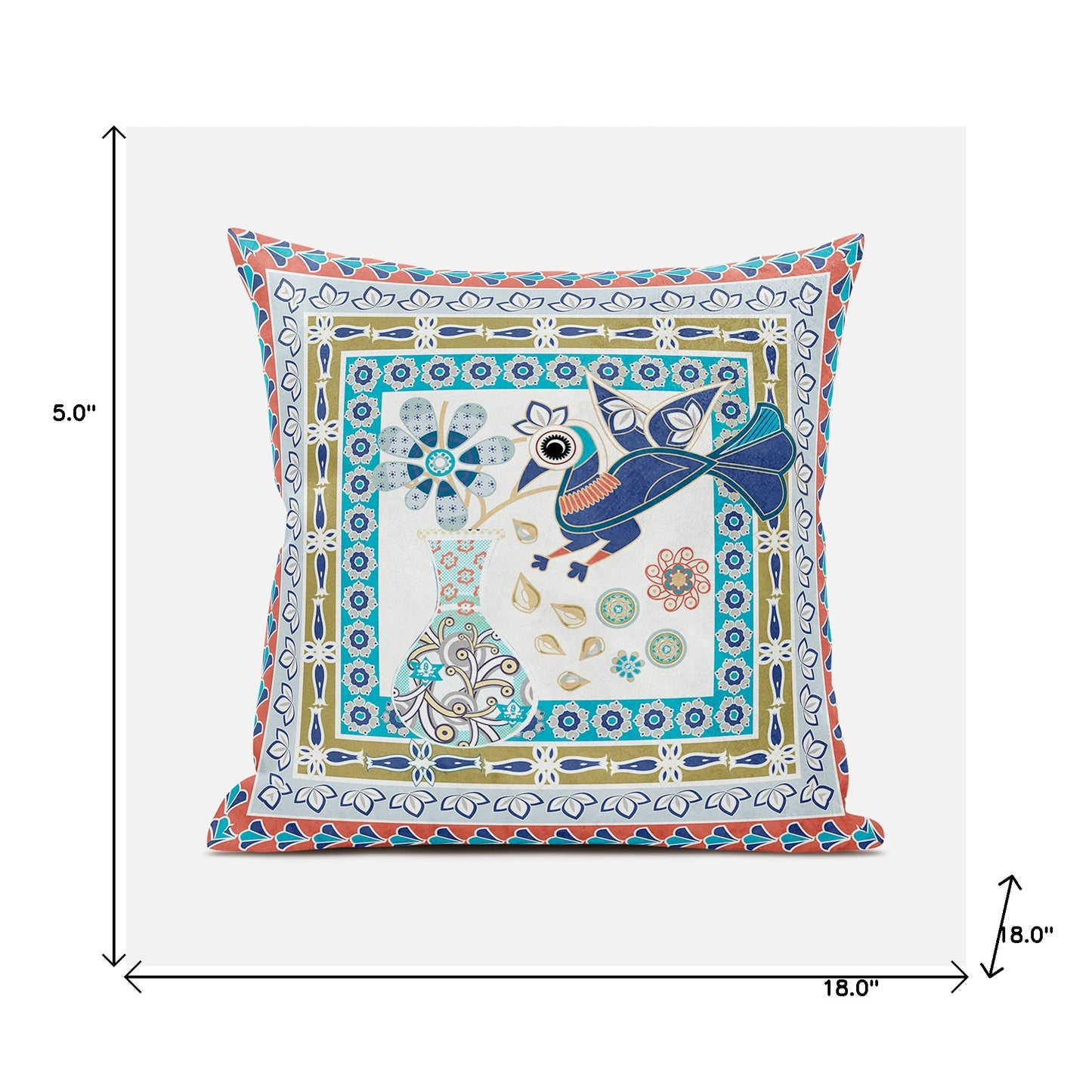 18" X 18" Pink and Green Peacock Broadcloth Floral Zippered Pillow