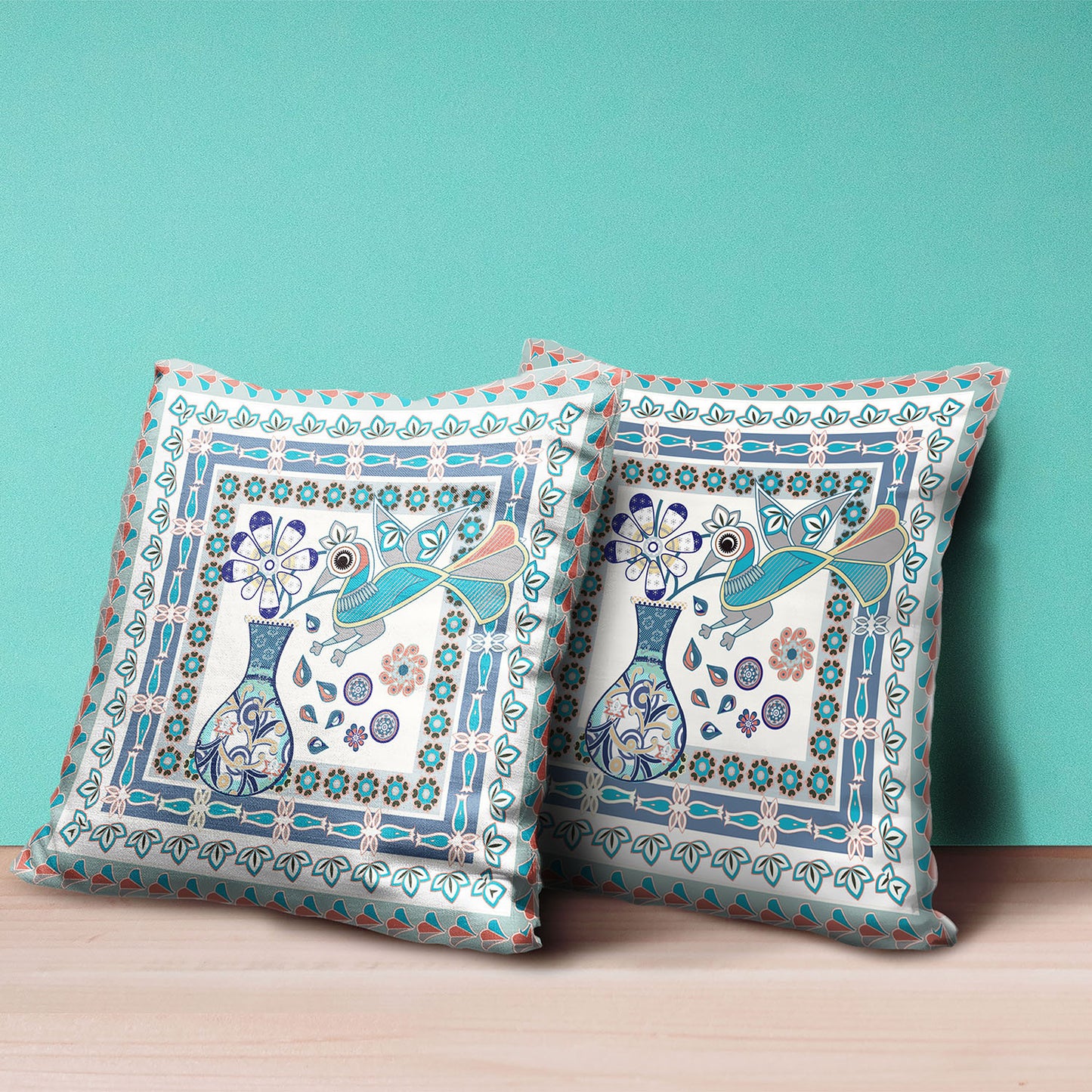 16" X 16" Blue and Off White Peacock Broadcloth Floral Zippered Pillow