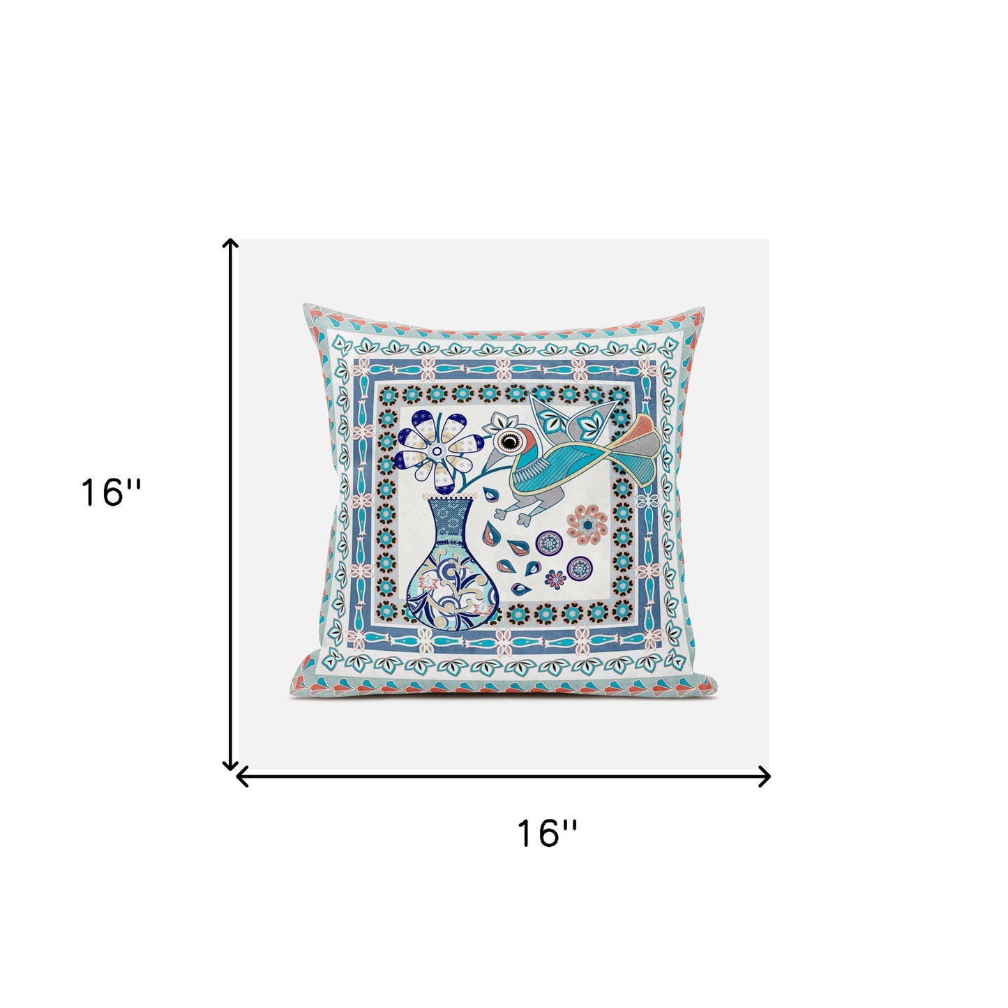 16" X 16" Blue and Off White Peacock Broadcloth Floral Zippered Pillow