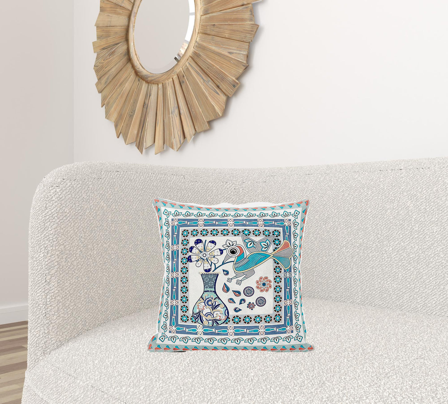 18" X 18" Blue and Off White Peacock Broadcloth Floral Zippered Pillow