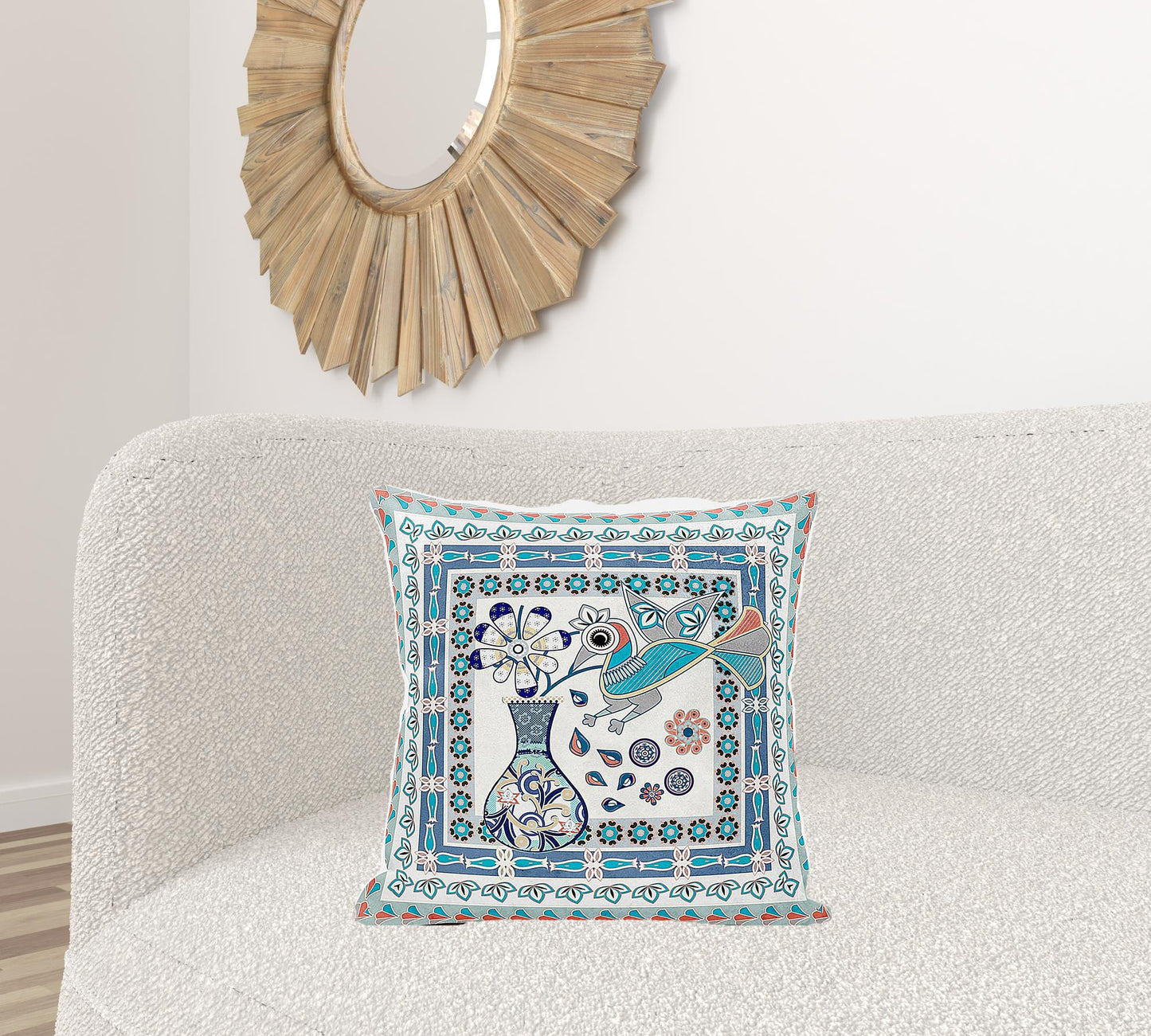 20" X 20" Blue and Off White Peacock Broadcloth Floral Zippered Pillow