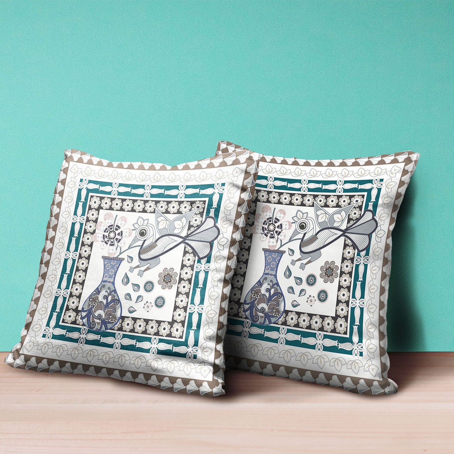 16" X 16" Beige and Aqua Peacock Broadcloth Floral Zippered Pillow