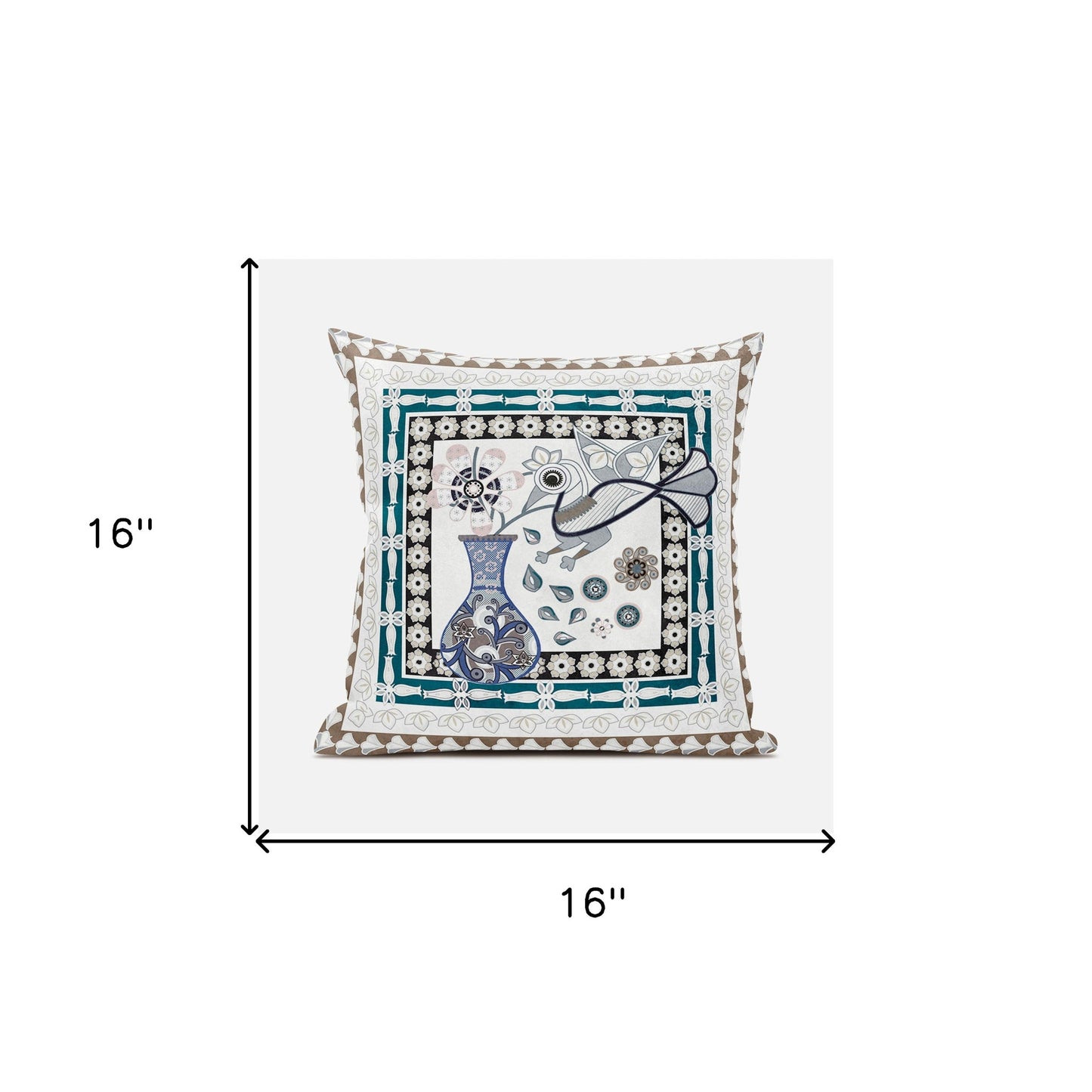 16" X 16" Beige and Aqua Peacock Broadcloth Floral Zippered Pillow