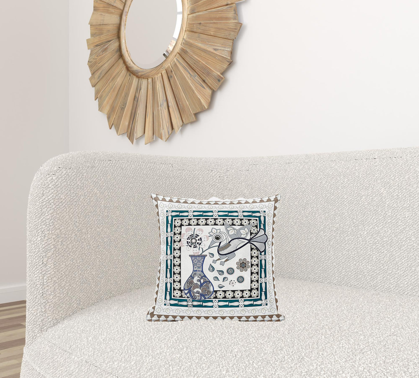 16" X 16" Beige and Aqua Peacock Broadcloth Floral Zippered Pillow