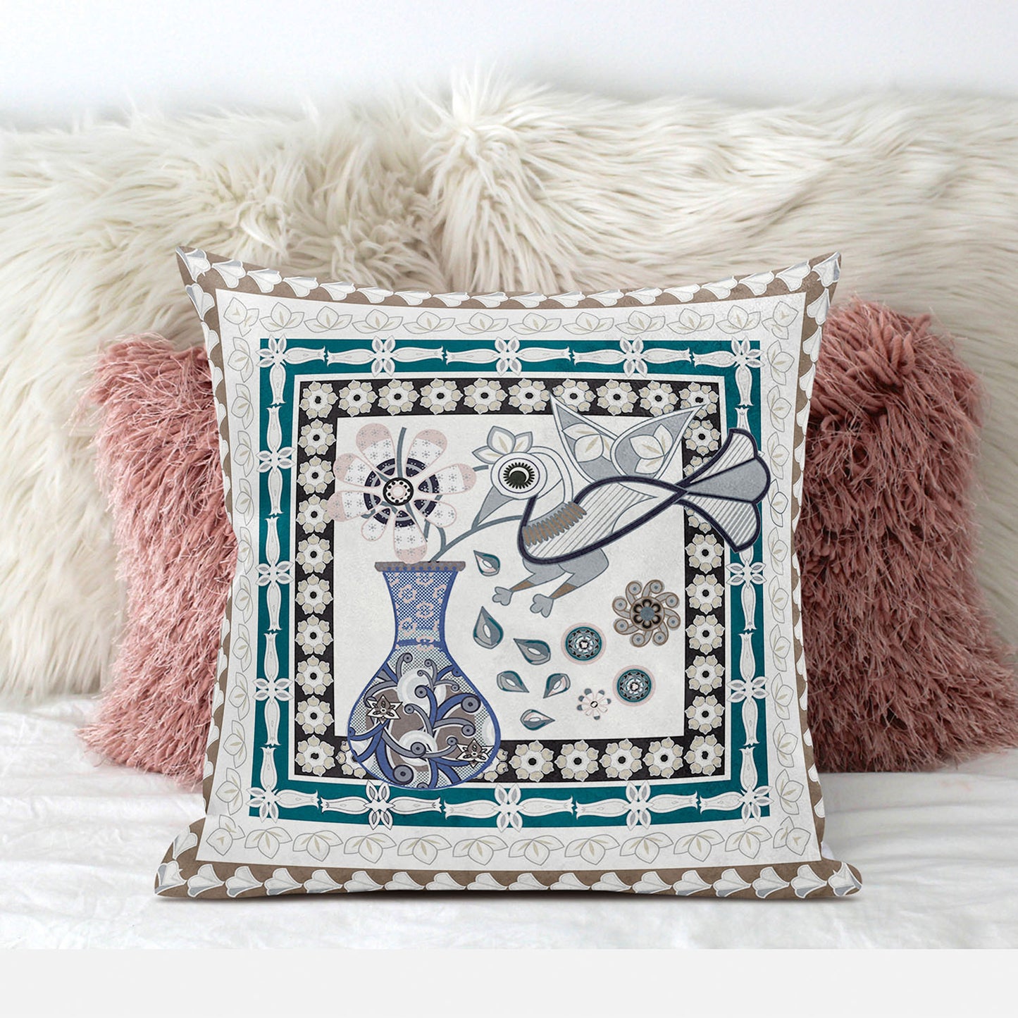 18" X 18" Beige and Aqua Peacock Broadcloth Floral Zippered Pillow