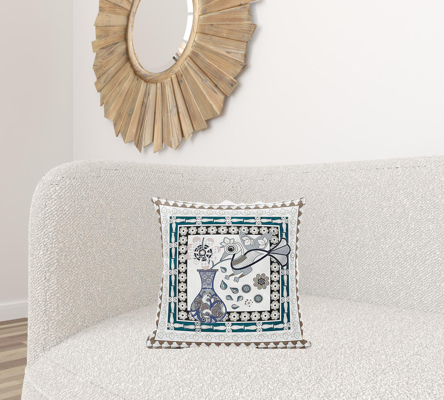 18" X 18" Beige and Aqua Peacock Broadcloth Floral Zippered Pillow