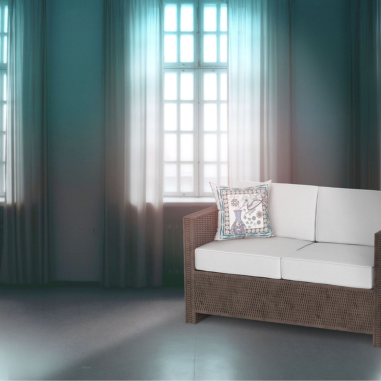 20" X 20" Beige and Aqua Peacock Broadcloth Floral Zippered Pillow