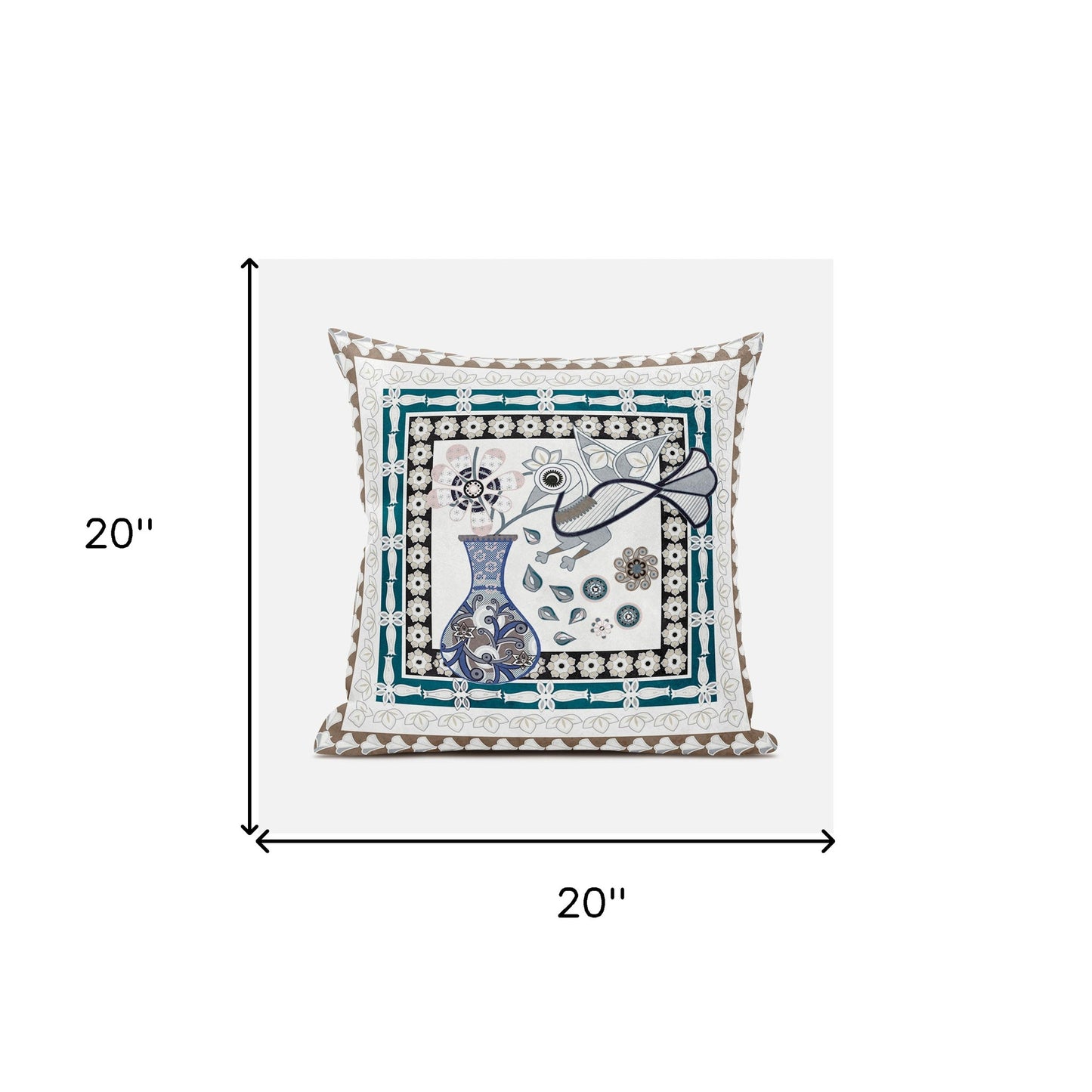 20" X 20" Beige and Aqua Peacock Broadcloth Floral Zippered Pillow