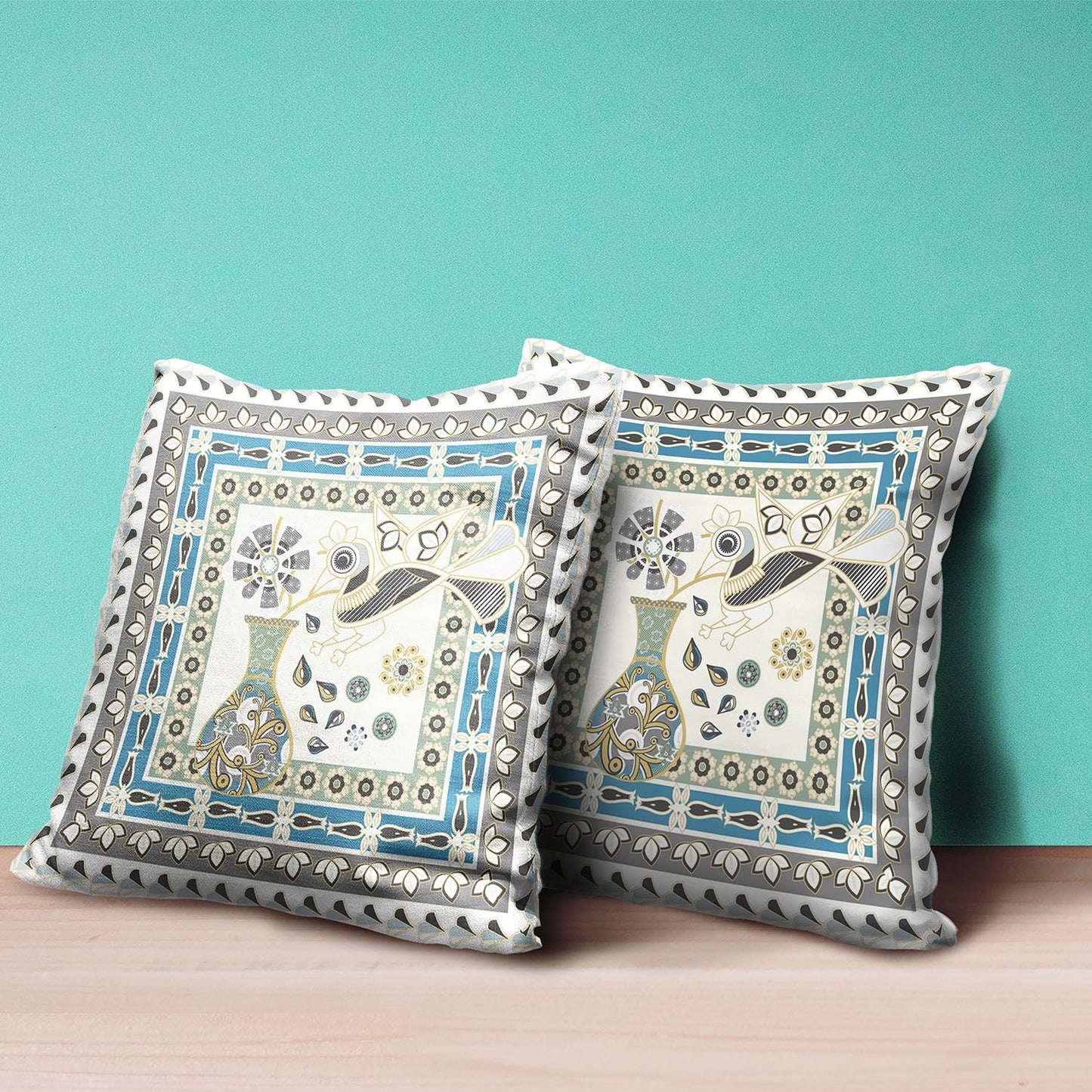 16" X 16" Blue and Off White Peacock Broadcloth Floral Zippered Pillow