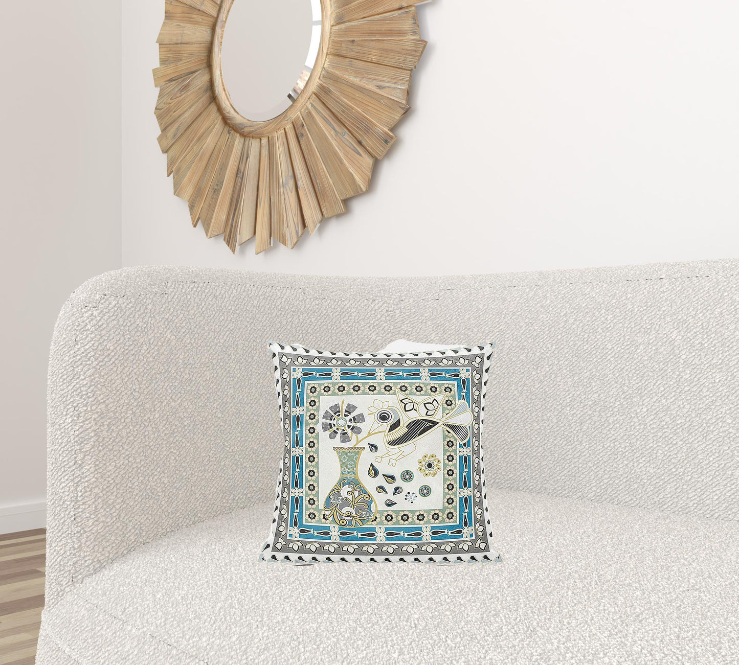 16" X 16" Blue and Off White Peacock Broadcloth Floral Zippered Pillow