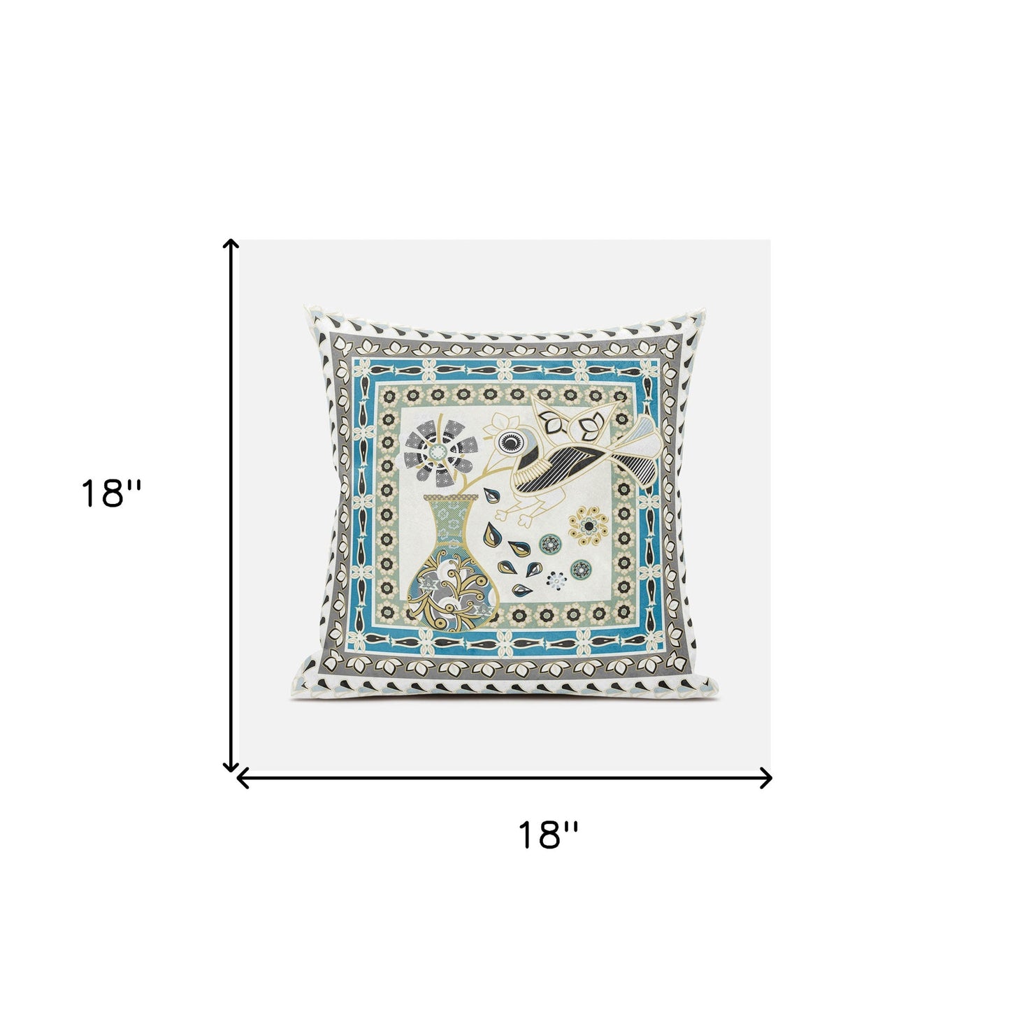 18" X 18" Blue and Off White Peacock Broadcloth Floral Zippered Pillow