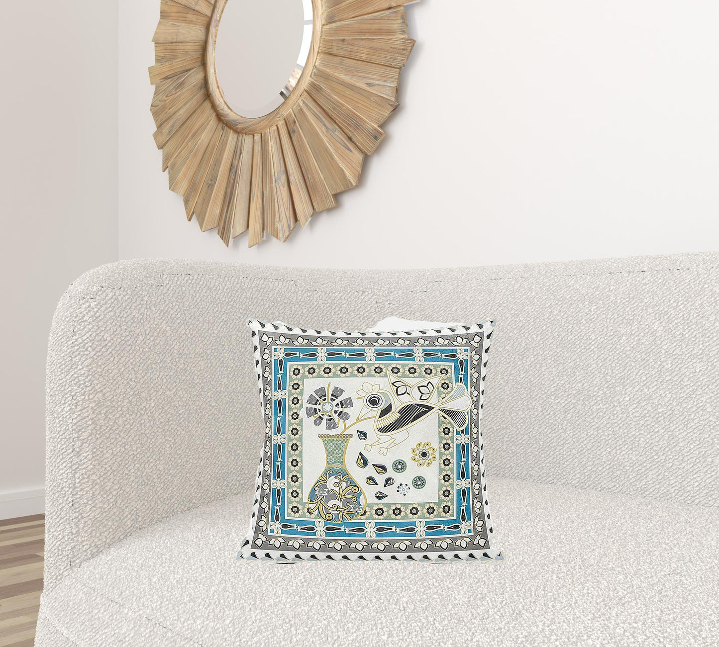18" X 18" Blue and Off White Peacock Broadcloth Floral Zippered Pillow