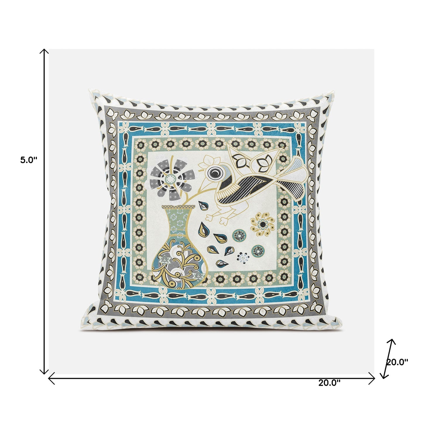 20" X 20" Blue and Off White Peacock Broadcloth Floral Zippered Pillow