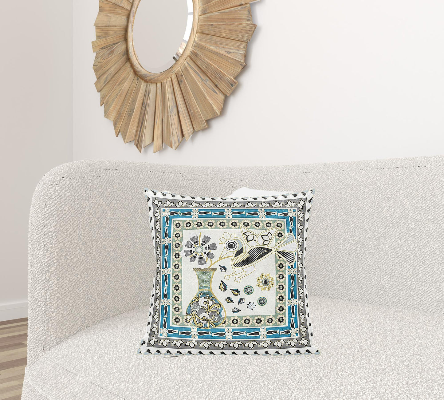 20" X 20" Blue and Off White Peacock Broadcloth Floral Zippered Pillow