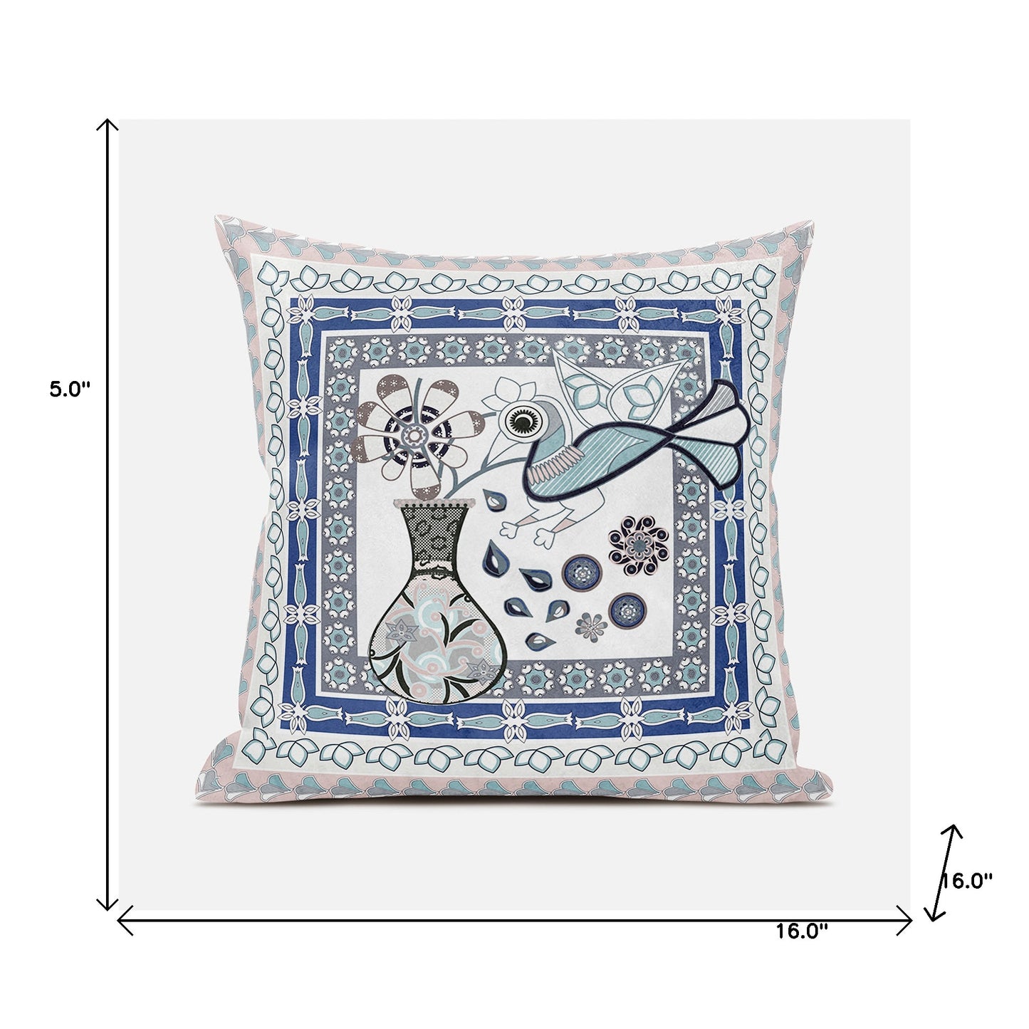 16" X 16" Beige and White Peacock Broadcloth Floral Zippered Pillow