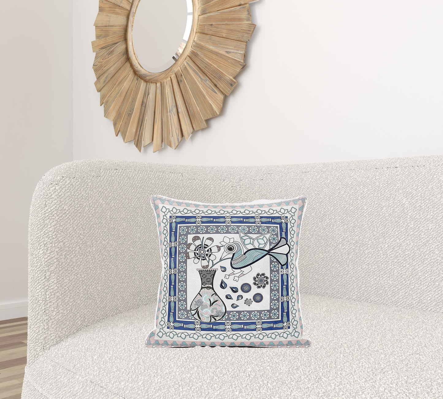 18" X 18" Beige and White Peacock Broadcloth Floral Zippered Pillow