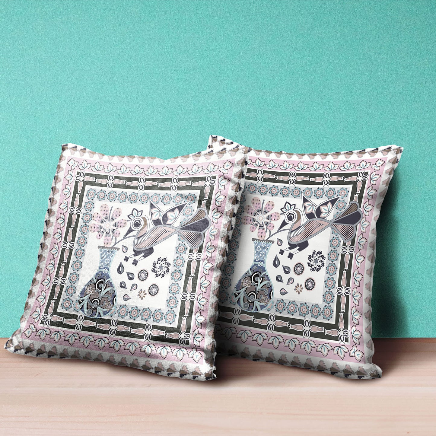 18" X 18" Pink and Black Peacock Broadcloth Floral Zippered Pillow
