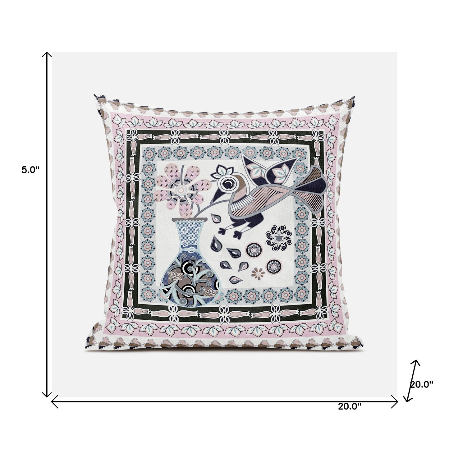 20" X 20" Pink and Black Peacock Broadcloth Floral Zippered Pillow