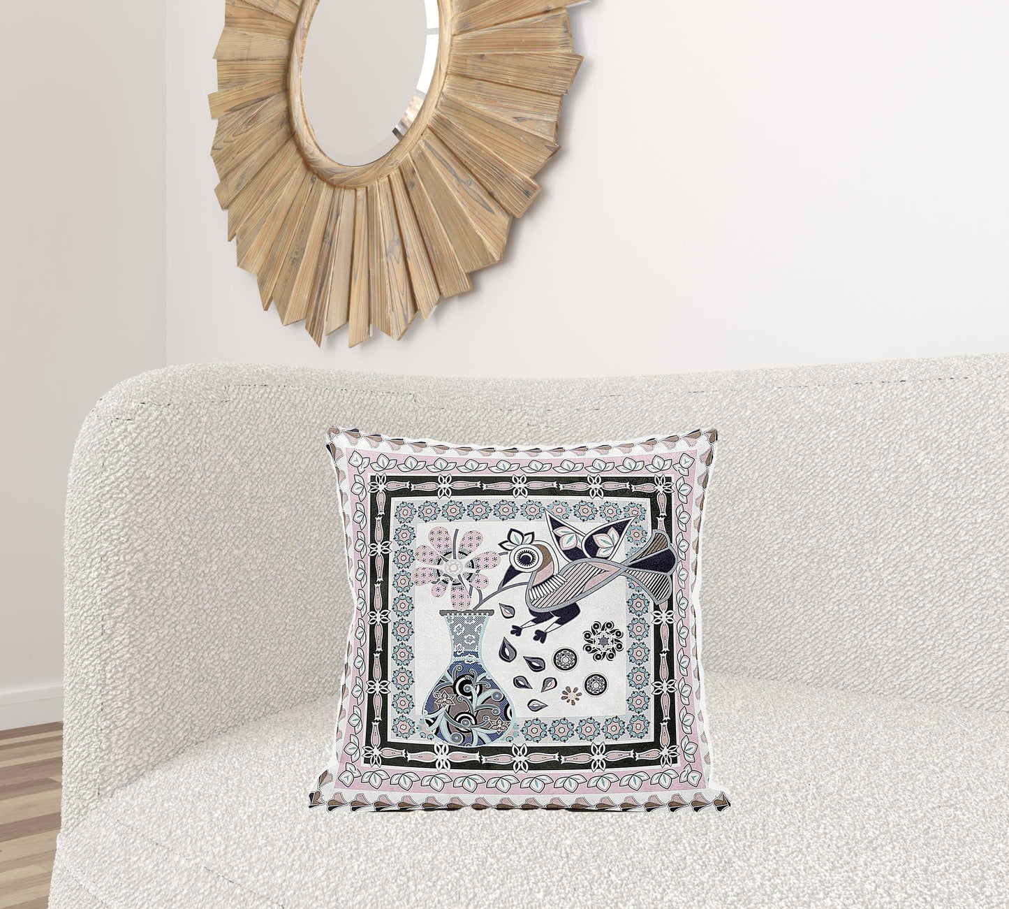 20" X 20" Pink and Black Peacock Broadcloth Floral Zippered Pillow