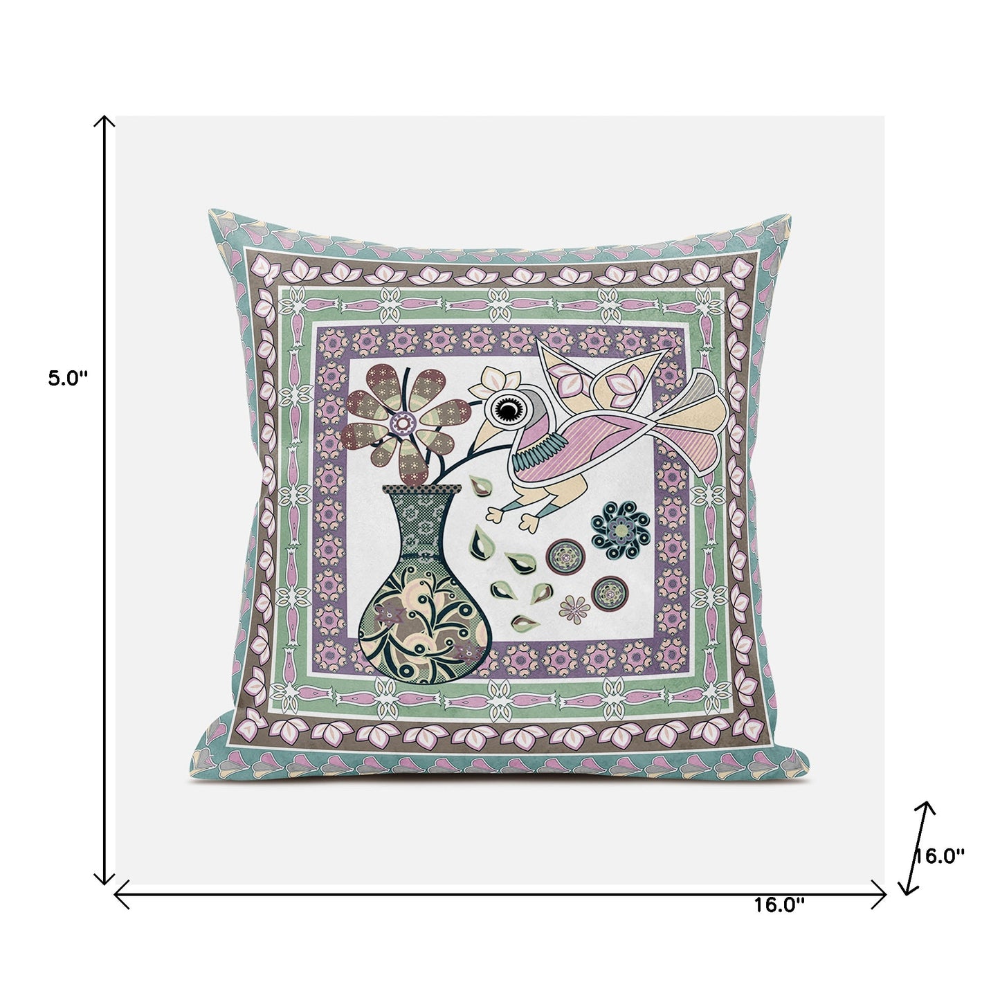 16" X 16" Pink and Brown Peacock Broadcloth Floral Zippered Pillow