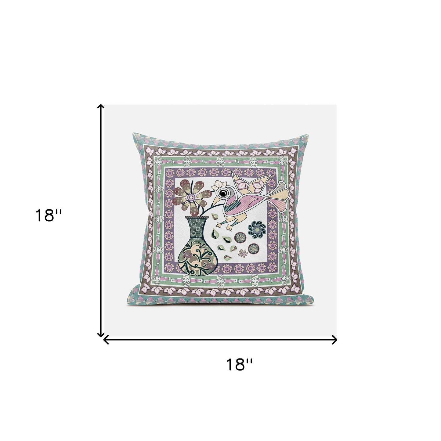 18" X 18" Pink and Brown Peacock Broadcloth Floral Zippered Pillow