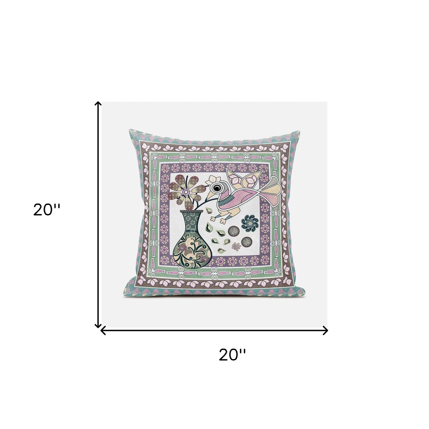 20" X 20" Pink and Brown Peacock Broadcloth Floral Zippered Pillow