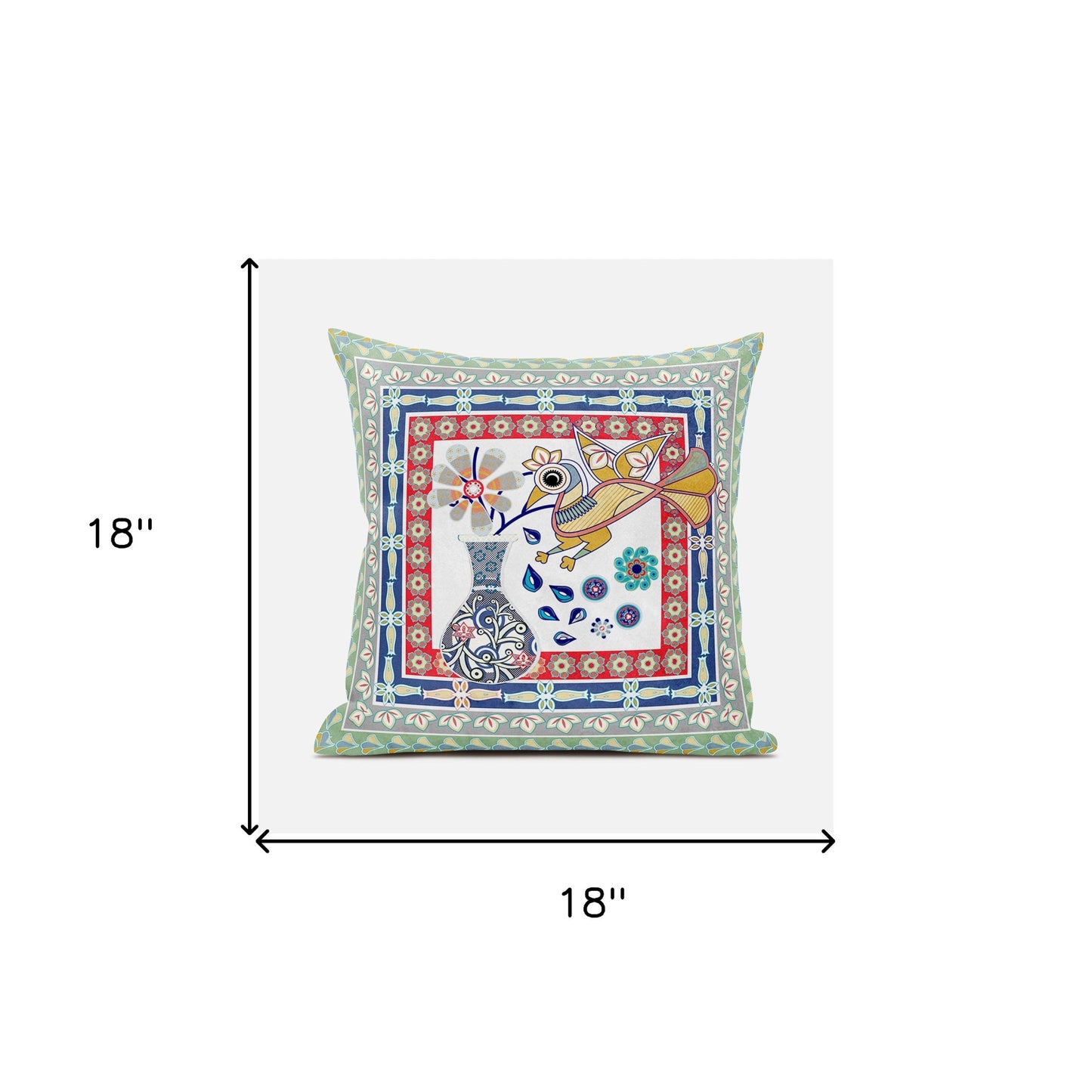 18" X 18" Red White and Blue Peacock Broadcloth Floral Zippered Pillow