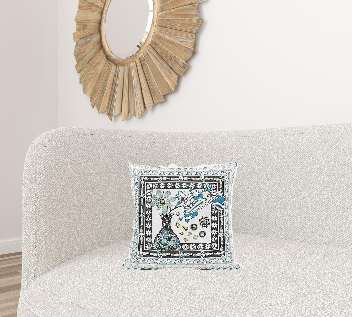 16" X 16" Black and White Peacock Broadcloth Floral Zippered Pillow