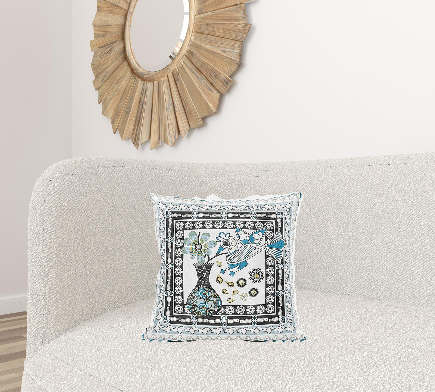 18" X 18" Black and White Peacock Broadcloth Floral Zippered Pillow