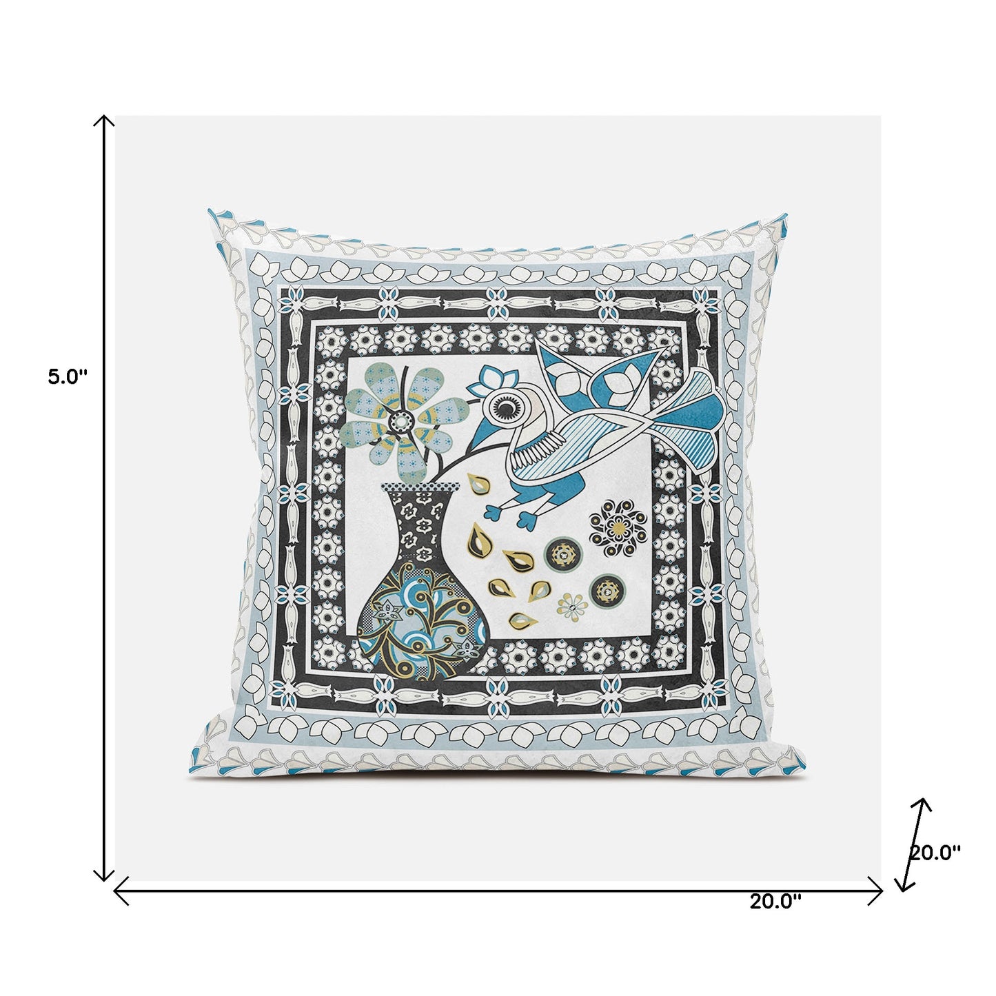 20" X 20" Black and White Peacock Broadcloth Floral Zippered Pillow