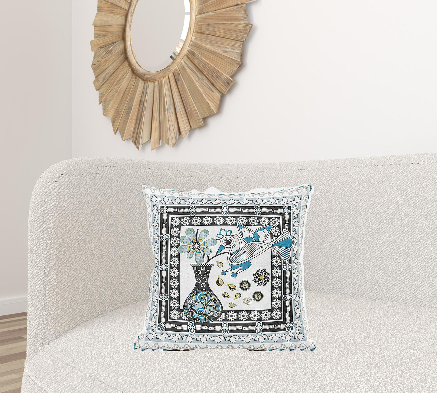 20" X 20" Black and White Peacock Broadcloth Floral Zippered Pillow