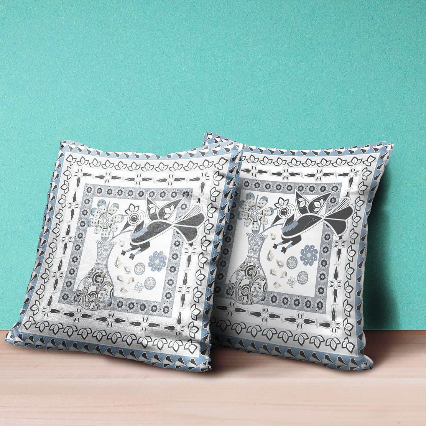 16" X 16" Black Gray and White Peacock Broadcloth Floral Zippered Pillow