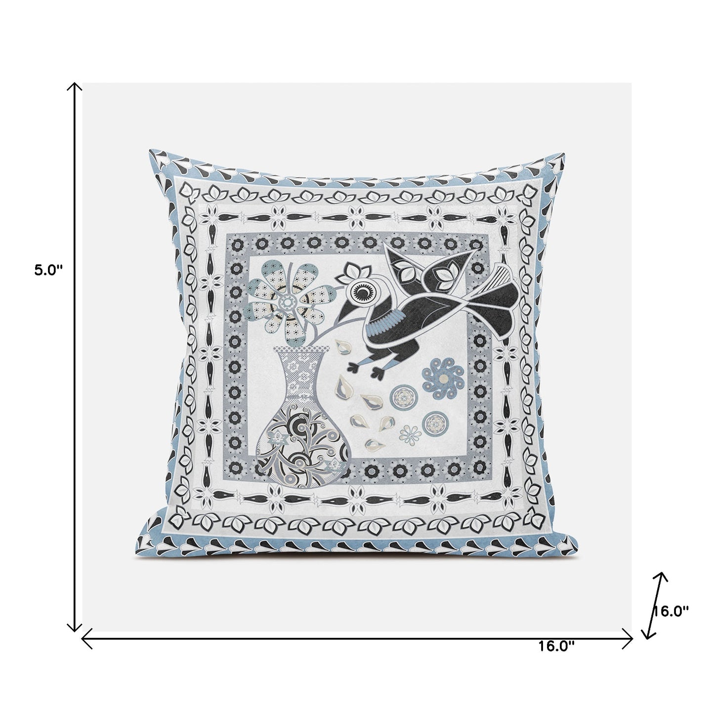 16" X 16" Black Gray and White Peacock Broadcloth Floral Zippered Pillow