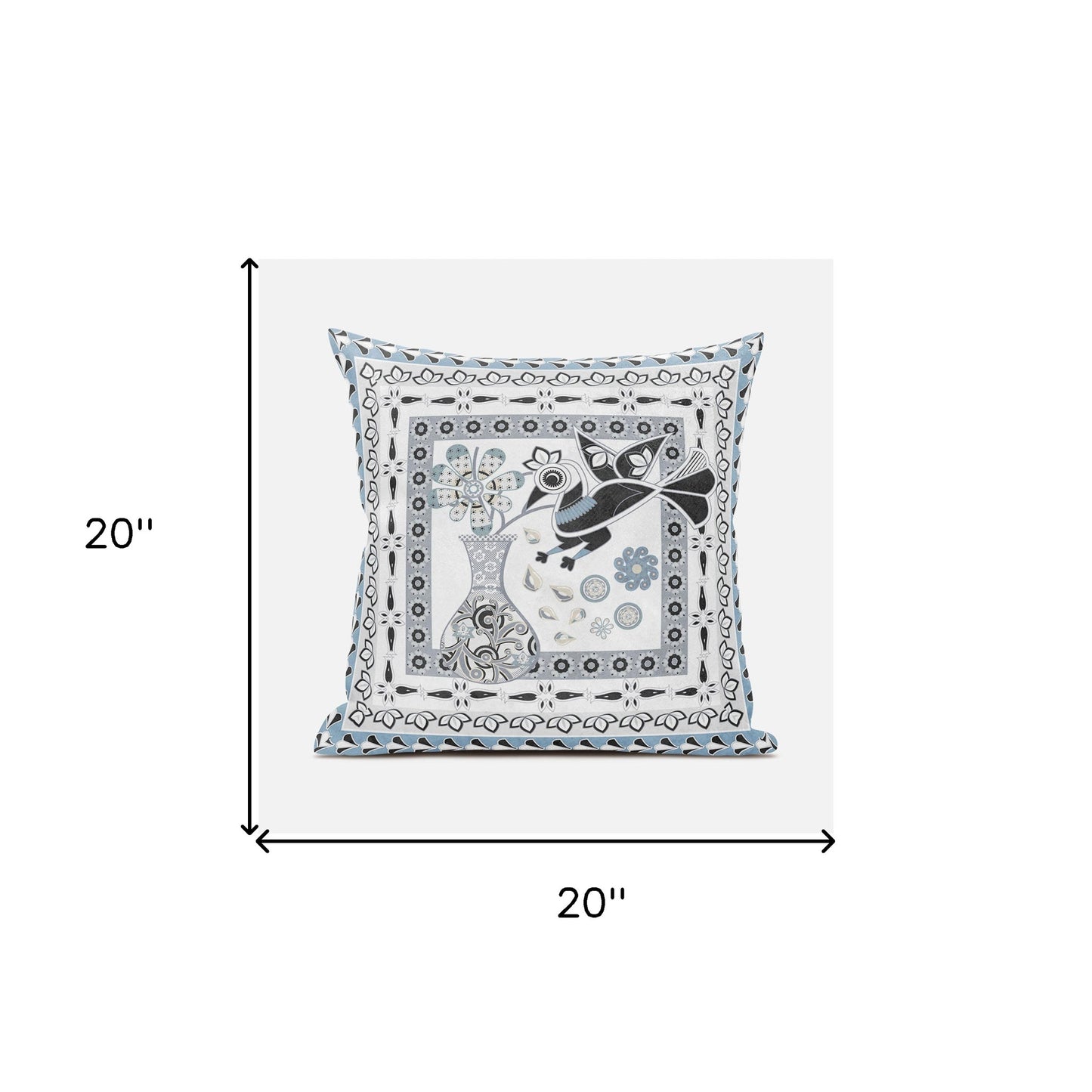 20" X 20" Black Gray and White Peacock Broadcloth Floral Zippered Pillow