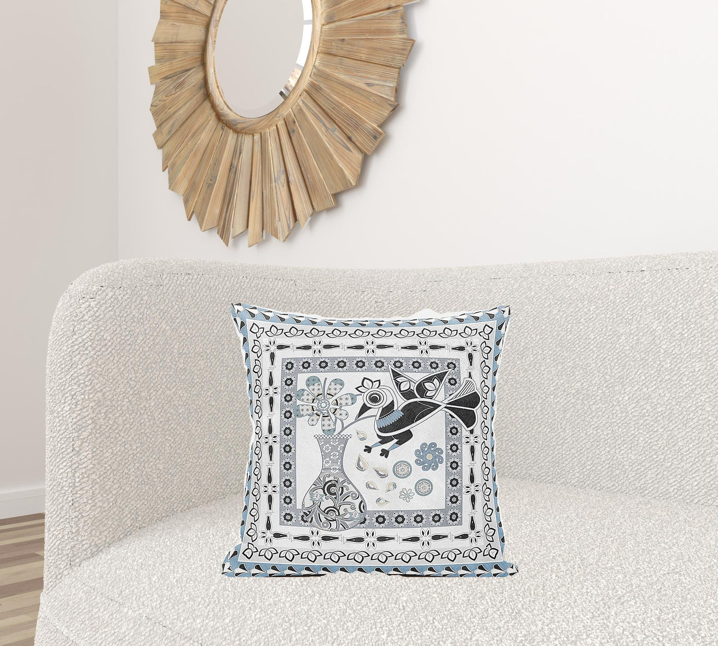 20" X 20" Black Gray and White Peacock Broadcloth Floral Zippered Pillow