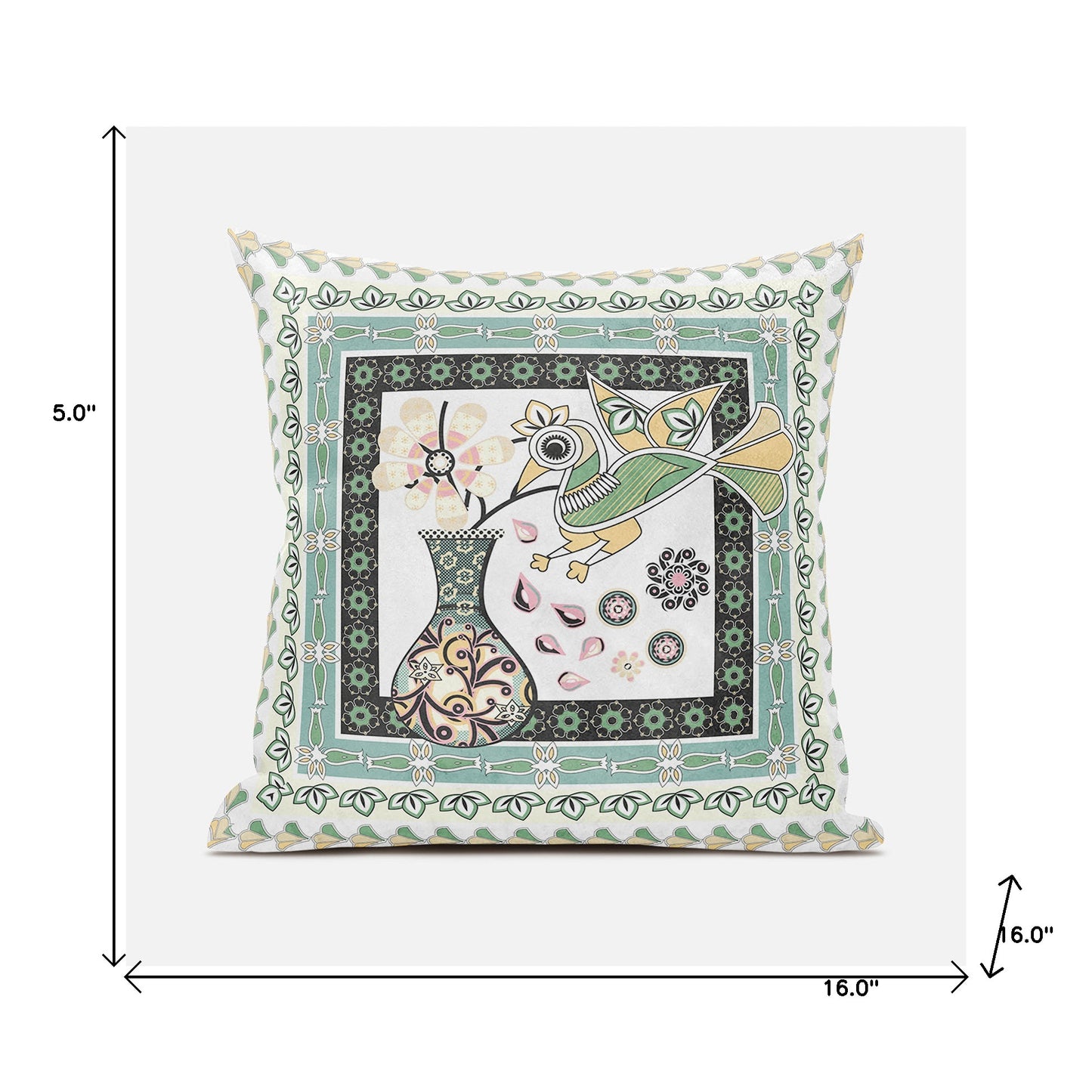 16" X 16" Green and Yellow Peacock Broadcloth Floral Zippered Pillow