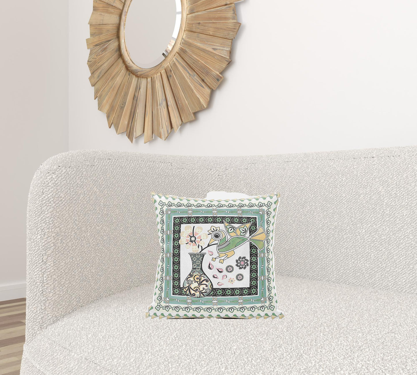 16" X 16" Green and Yellow Peacock Broadcloth Floral Zippered Pillow