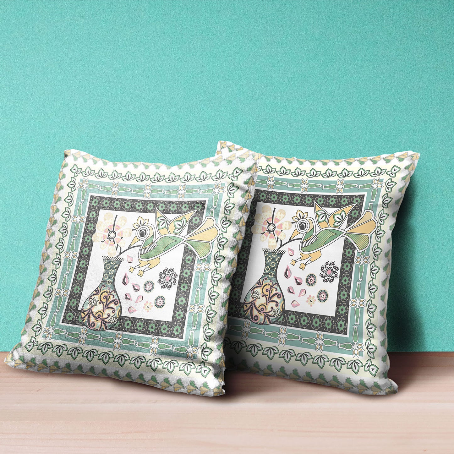 18" X 18" Green and Yellow Peacock Broadcloth Floral Zippered Pillow