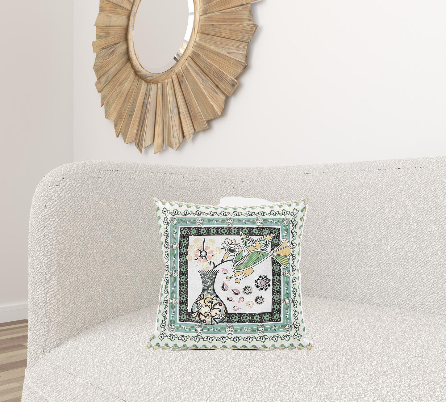 18" X 18" Green and Yellow Peacock Broadcloth Floral Zippered Pillow