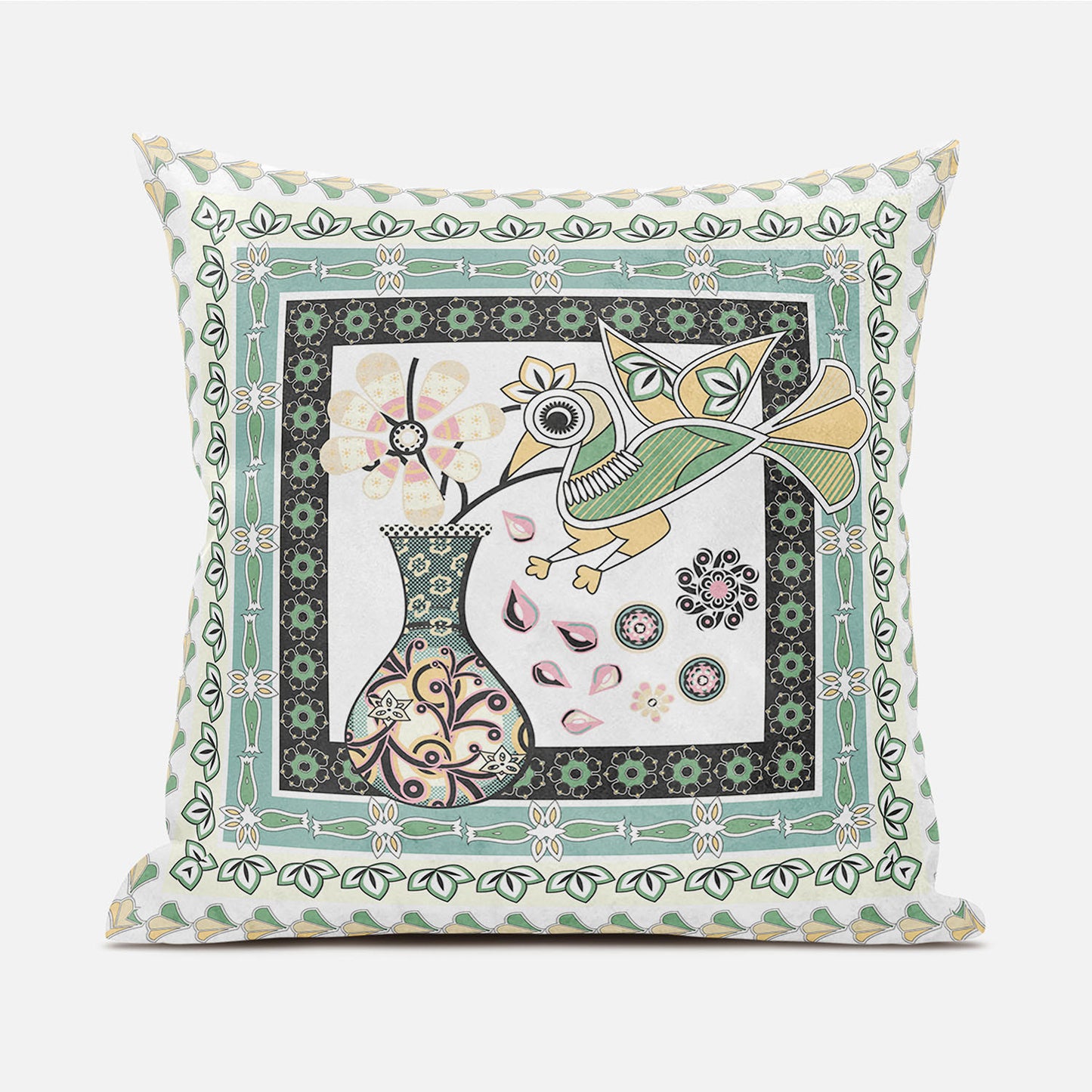 20" X 20" Green and Yellow Peacock Broadcloth Floral Zippered Pillow
