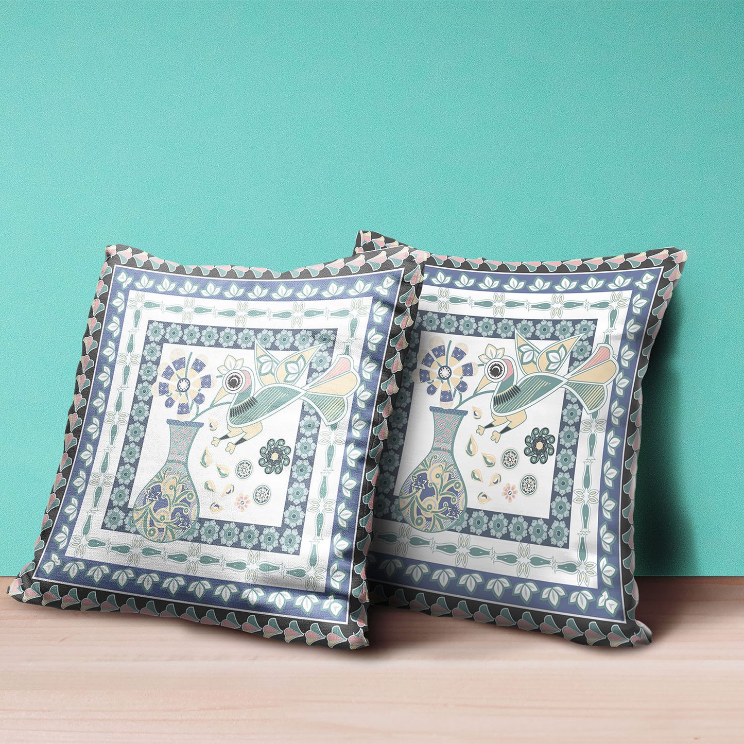 16" X 16" Blue and White Peacock Broadcloth Floral Zippered Pillow