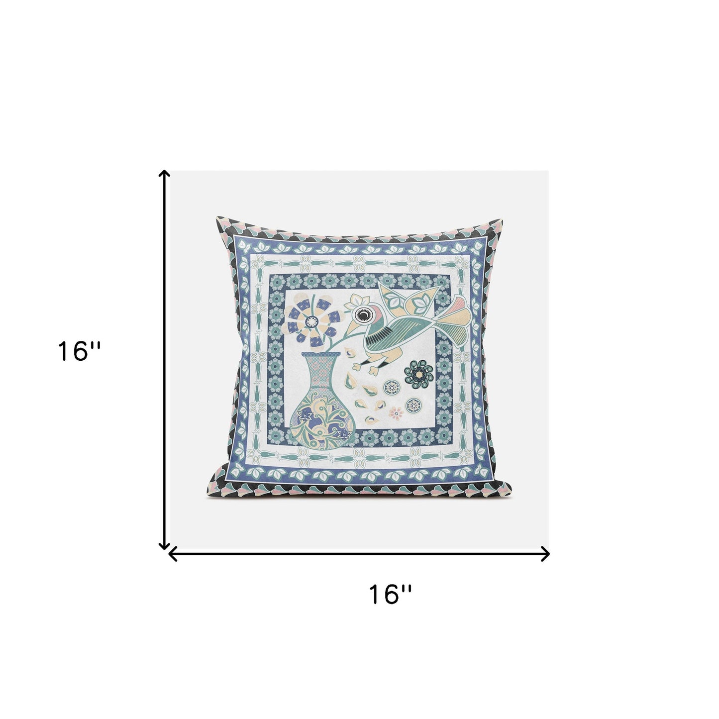 16" X 16" Blue and White Peacock Broadcloth Floral Zippered Pillow
