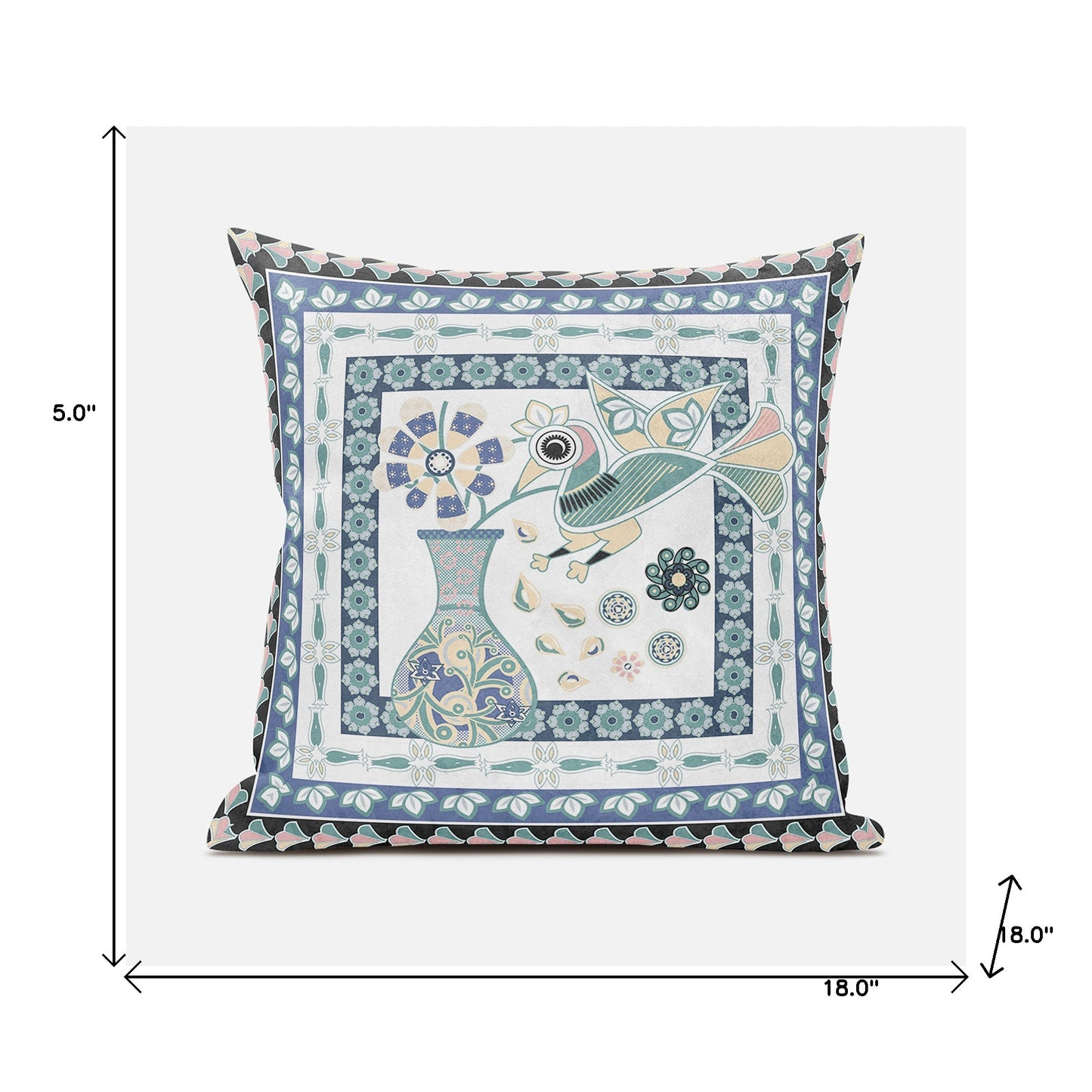 18" X 18" Blue and White Peacock Broadcloth Floral Zippered Pillow