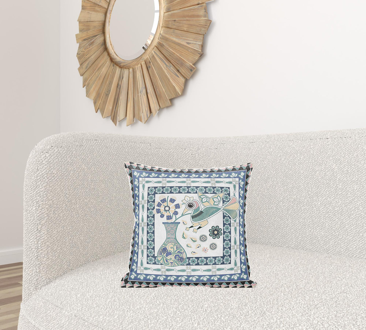 18" X 18" Blue and White Peacock Broadcloth Floral Zippered Pillow